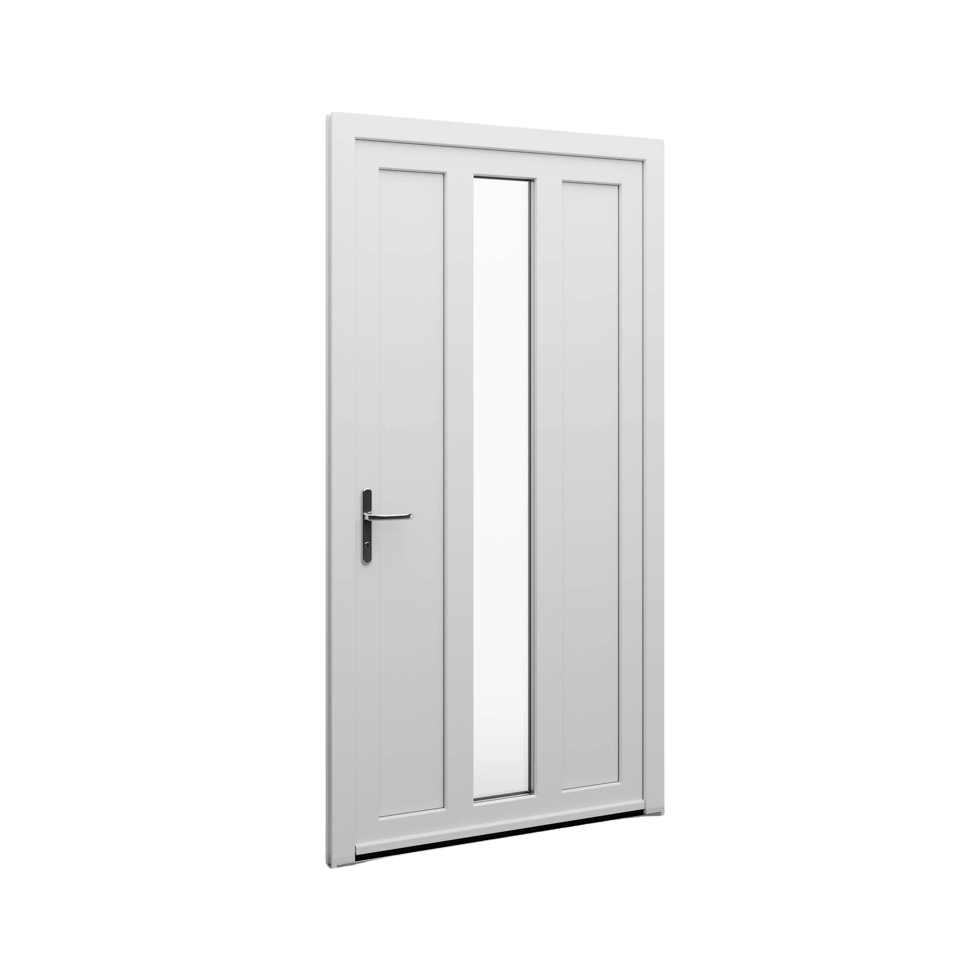 Porte avec bande vitrée centrale verticale.