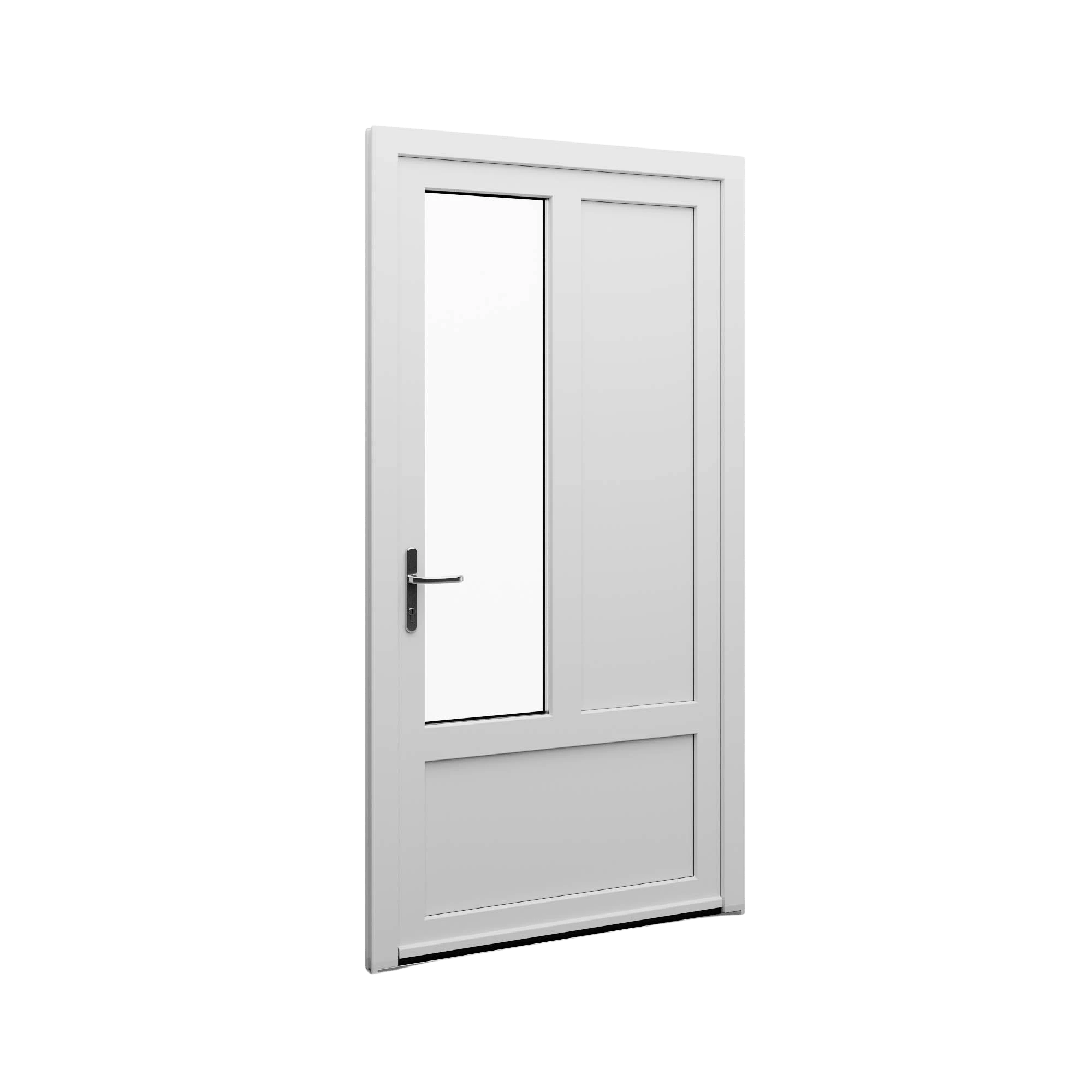 Porte avec grande vitre à gauche et panneau à droite.