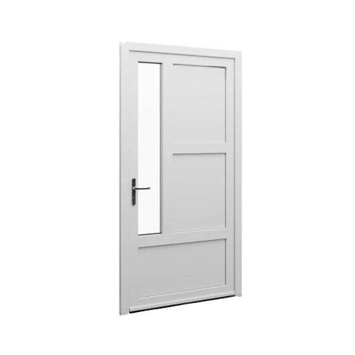 Porte avec grande vitre à gauche et panneau à droite farctionné.