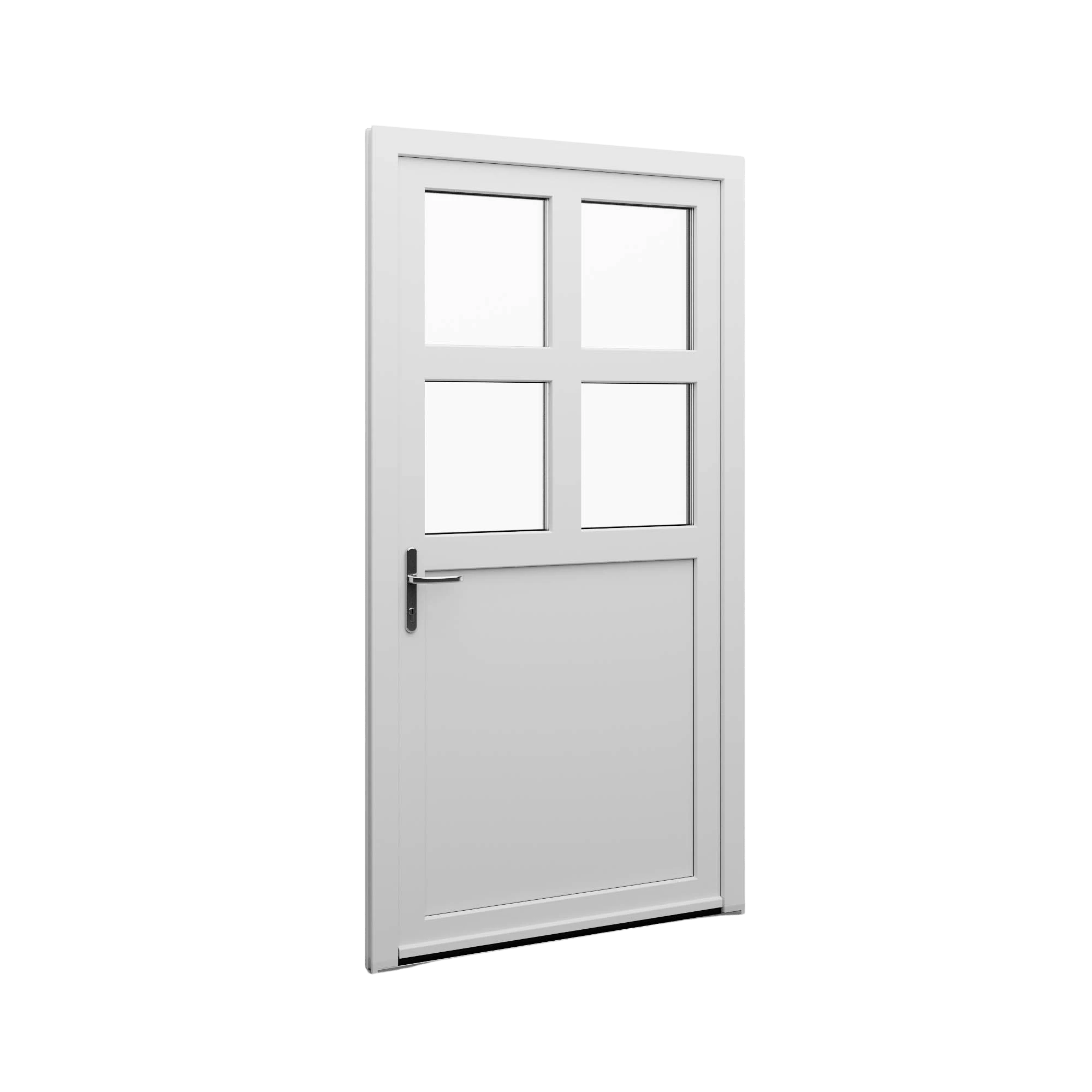 Porte avec carré divisé en quatre vitrage sur la partie supérieur.