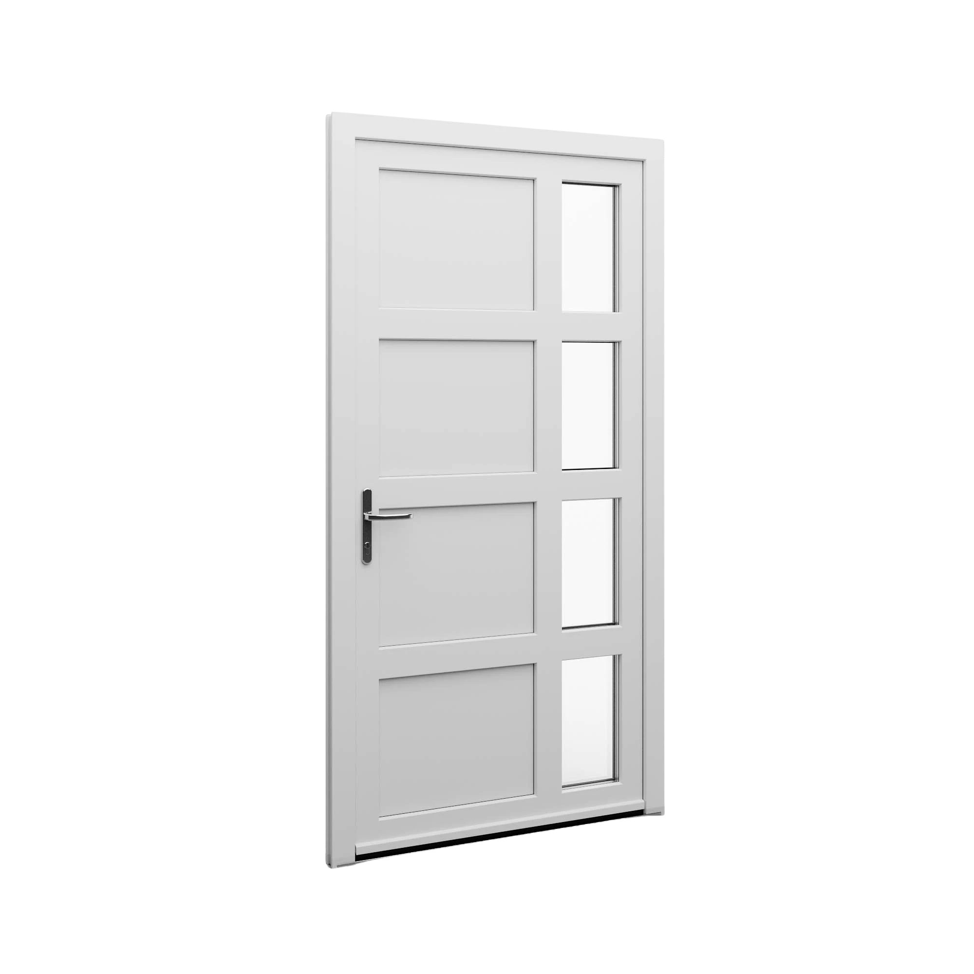 Porte avec quatre vitrages verticaux sur le côté droit.