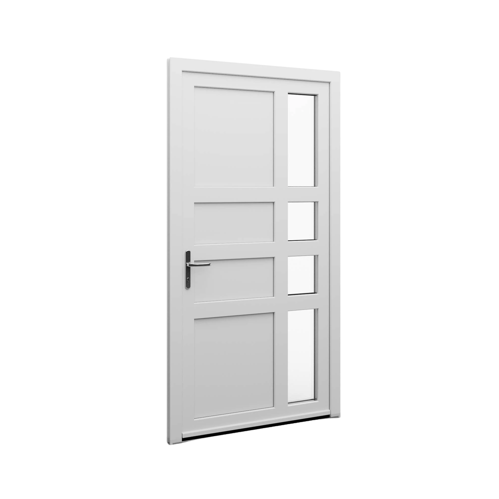 Porte avec quatre vitrages verticaux non égal sur le côté droit.